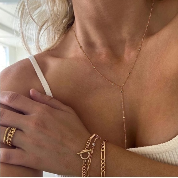 Gold 14k Gold Plated Beaded Lariat Necklace - Picture 3 of 4